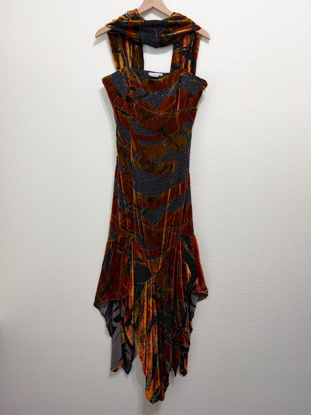 Vintage Y2K Alberto Makali Velvet Beaded Silk Asymmetric Midi Dress Shawl Set